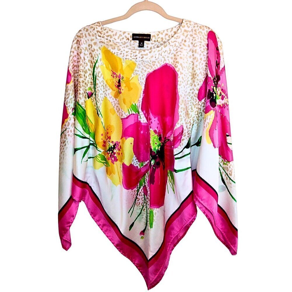 DANA BUCHMAN FUCHSIA AND YELLOW FLOWER BLOUSE W/ FLUTTER SLEEVES - SIZE XS